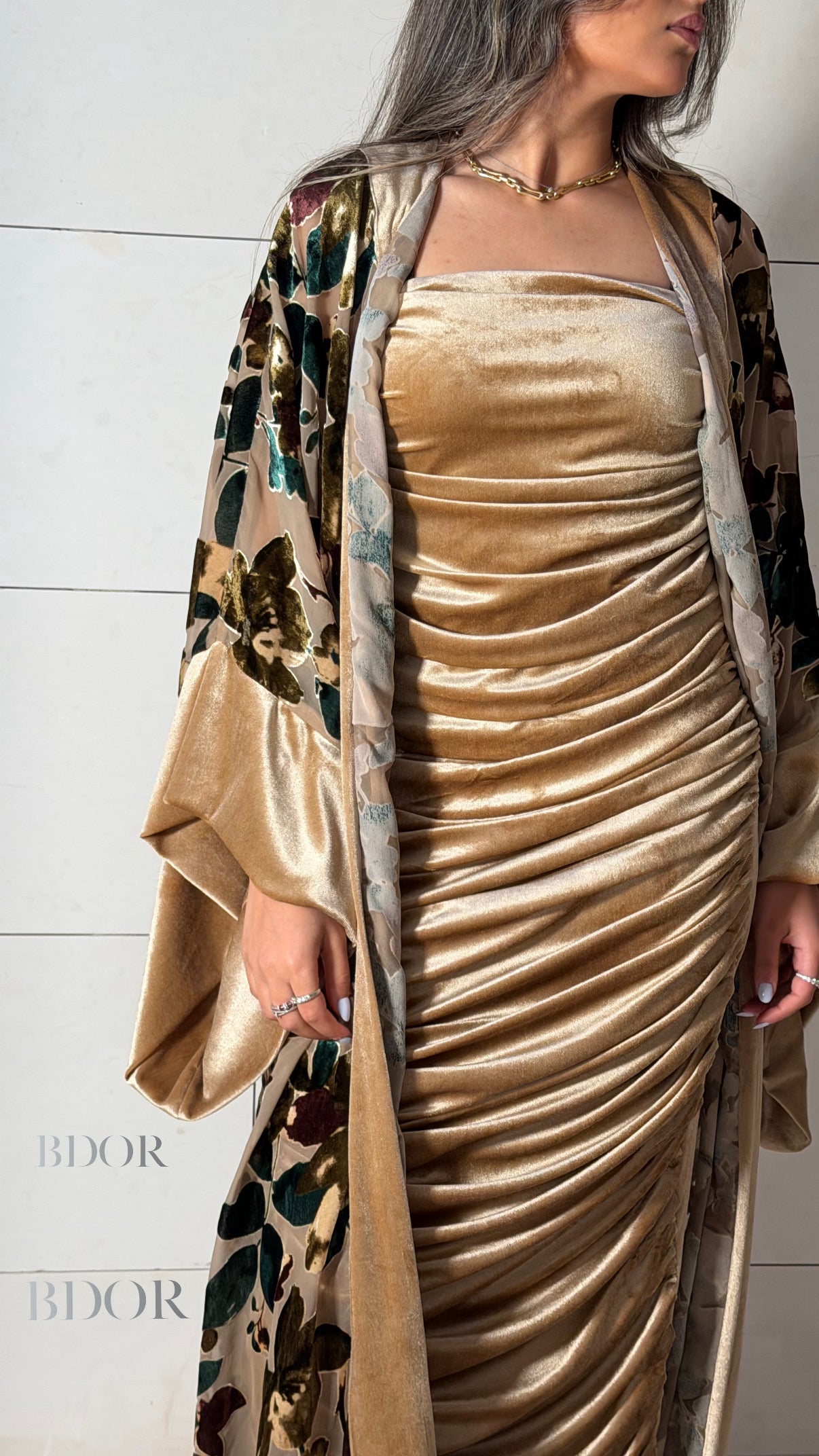 Floral Bisht and Cocktail Velvet Dress Set