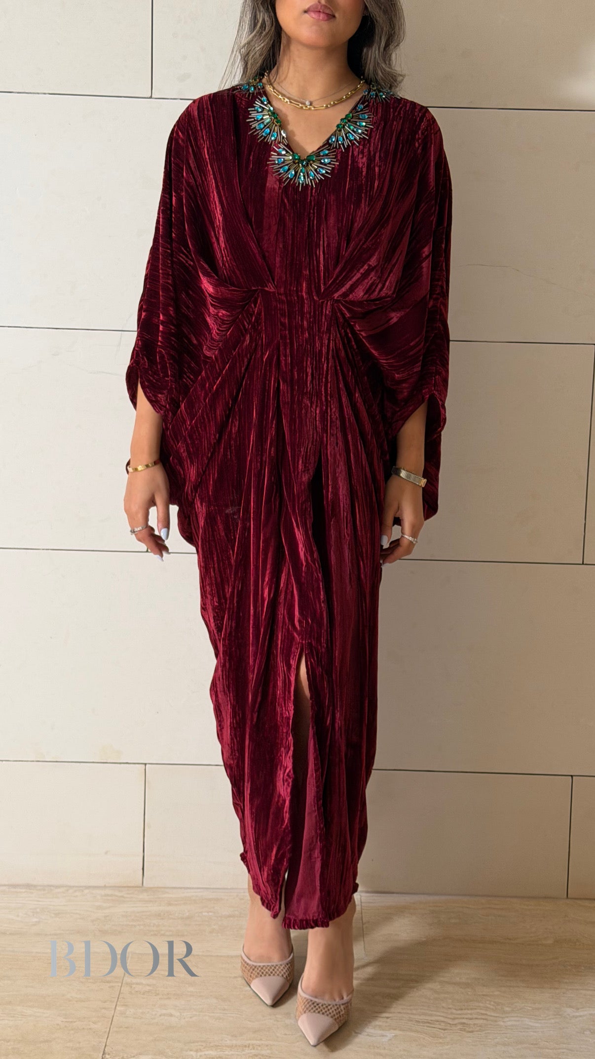 Ruby Velvet Kaftan with Hand-Crystal Embroidery