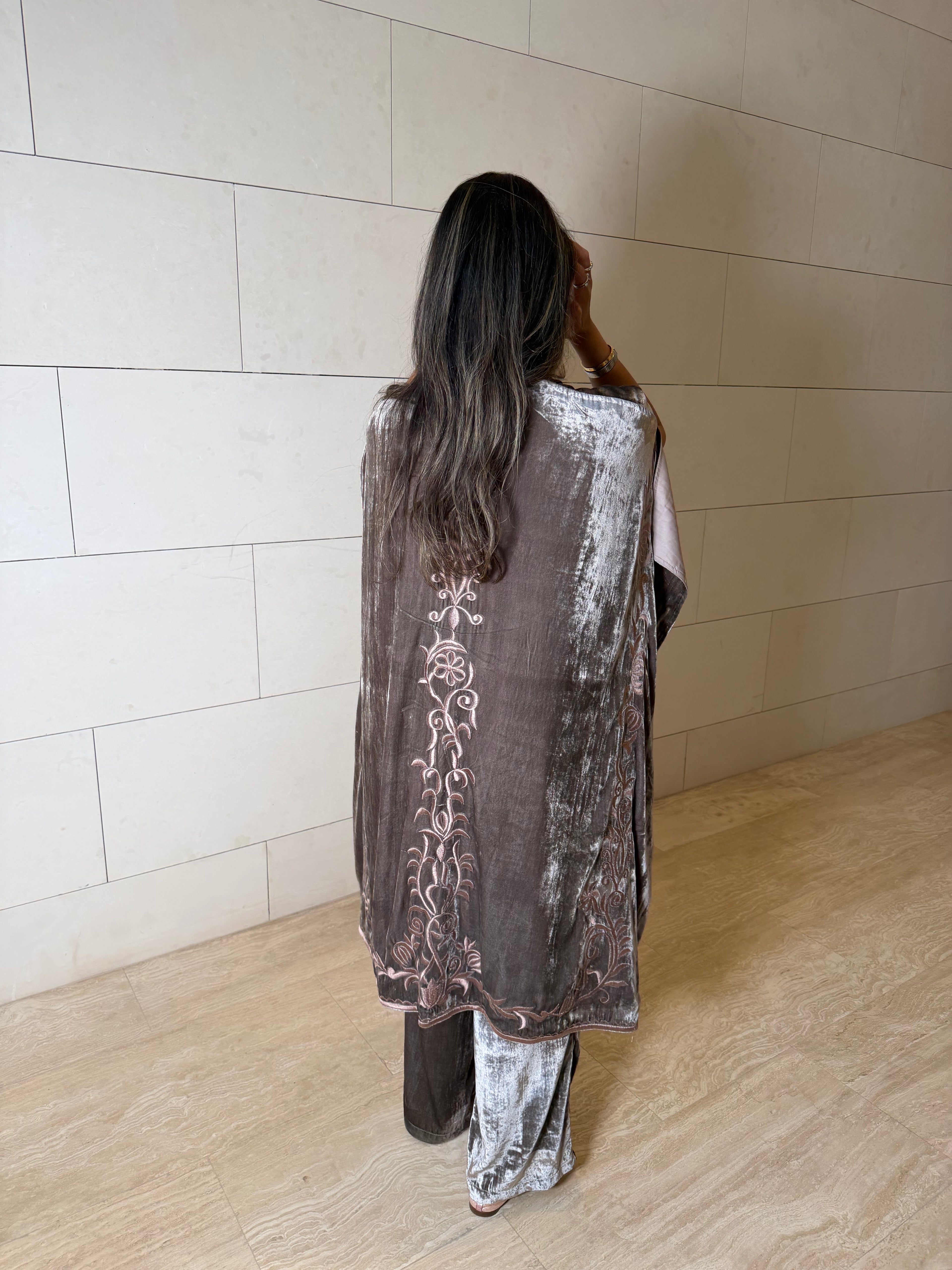 Silver Silk Velvet Pants & Embroidered Bisht Set