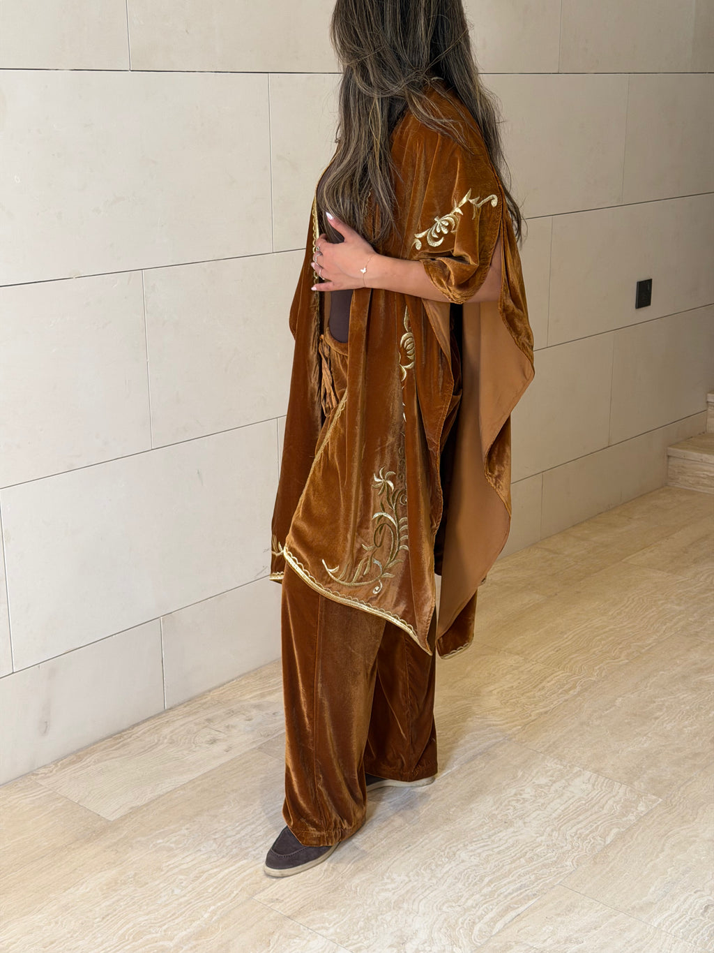 Brown Silk Velvet Pants & Embroidered Bisht Set