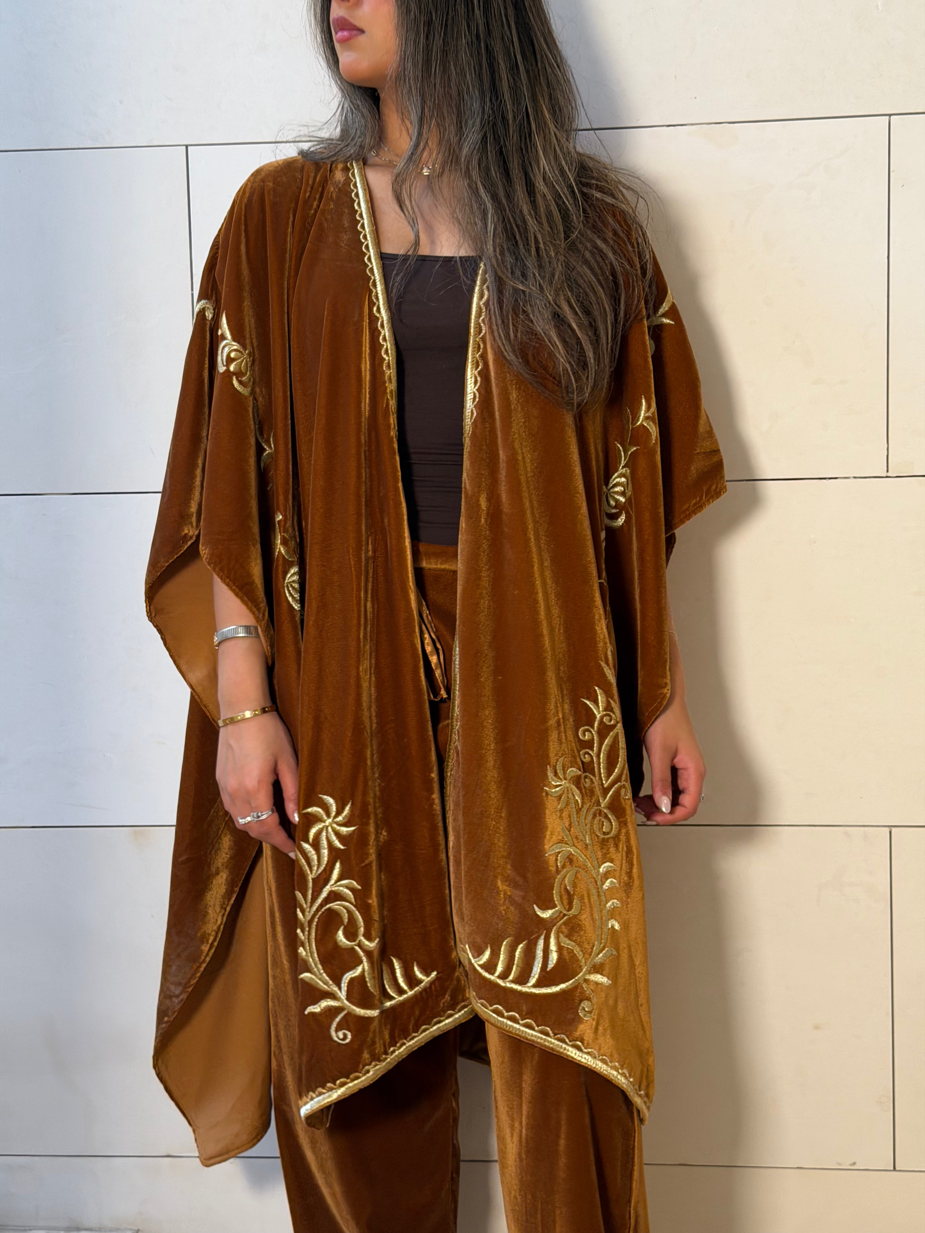 Brown Silk Velvet Pants & Embroidered Bisht Set