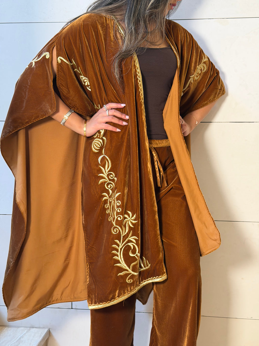 Brown Silk Velvet Pants & Embroidered Bisht Set