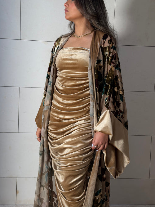 Floral Bisht and Cocktail Velvet Dress Set